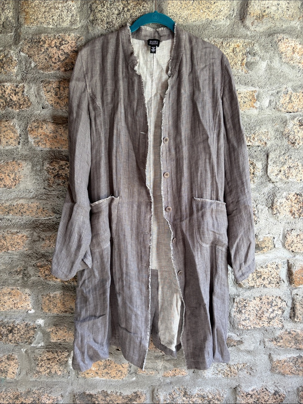 Frayed-Edge Taupe Irish Linen Trench Coat by Eileen Fisher